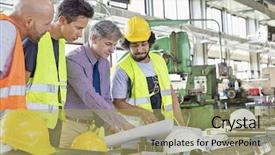  Presentation with industry - Presentation having male supervisor with workers discussing background and a yellow colored foreground