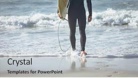  Presentation with walking - Amazing slide deck having male surfer with a surfboard backdrop and a light gray colored foreground