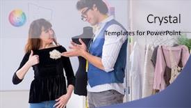  Presentation with female - Beautiful PPT theme featuring male tailor talking to female backdrop and a  colored foreground