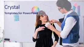  Presentation with female - Colorful theme enhanced with male tailor talking to female backdrop and a  colored foreground