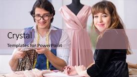  Presentation with female - Amazing PPT theme having male tailor talking to female backdrop and a  colored foreground