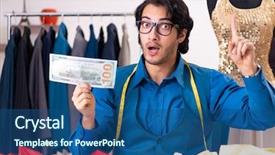  Presentation with workshop - Presentation theme consisting of male tailor working at workshop background and a ocean colored foreground