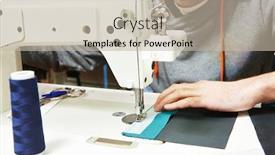  Presentation with sewing machine - Presentation design with male tailor working with sewing machine and cloth in workshop background and a mint green colored foreground