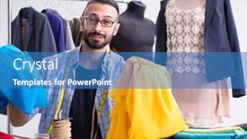  Presentation with designs - Audience pleasing slide set consisting of male tailor working in the workshop on new designs backdrop and a teal colored foreground