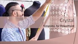  Presentation with designs - Cool new PPT theme with male tailor working in the workshop on new designs backdrop and a coral colored foreground