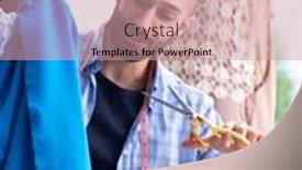  Presentation with designs - Slide set enhanced with male tailor working in the workshop on new designs background and a coral colored foreground