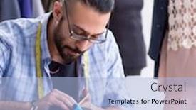  Presentation with designs - Audience pleasing presentation design consisting of male-tailor-working backdrop and a light blue colored foreground