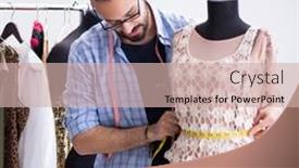  Presentation with designs - Cool new slide deck with male-tailor-working backdrop and a soft green colored foreground