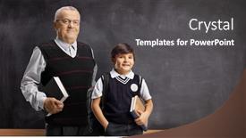  Presentation with teacher - Audience pleasing PPT layouts consisting of male-teacher-and-a-schoolboy backdrop and a dark gray colored foreground