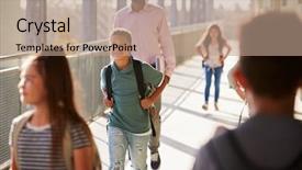  Presentation with teacher - Beautiful slides featuring male teacher and pupils walking backdrop and a coral colored foreground