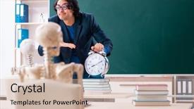  Presentation with skeleton - Presentation theme consisting of male teacher and skeleton student background and a soft green colored foreground