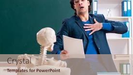  Presentation with skeleton - PPT theme with male-teacher-and-skeleton-student background and a soft green colored foreground
