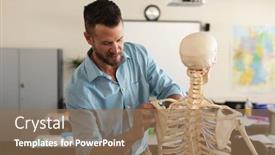 Presentation with school elementary - PPT theme with male-teacher-fixing-skeleton-model background and a coral colored foreground