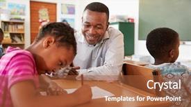  Presentation with middle class - Slide set consisting of male teacher helping elementary school background and a red colored foreground