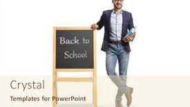  Presentation with back-school - Slides enhanced with male-teacher-holding-books background and a  colored foreground