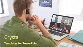  Presentation with video conference - PPT layouts featuring male-teacher-wearing-headphones-having background and a tawny brown colored foreground