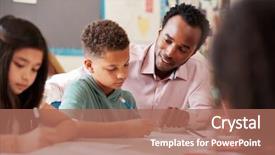  Presentation with elementary school career day and technology and black female teacher - Colorful PPT layouts enhanced with male teacher working with elementary backdrop and a coral colored foreground