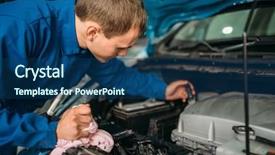  Presentation with car brake - Slides with male technician checks brake fluid background and a ocean colored foreground