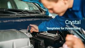  Presentation with car brake - Slide deck featuring male technician checks brake fluid background and a ocean colored foreground