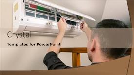  Presentation with conditioner - Amazing PPT theme having male-technician-cleaning-air-conditioner backdrop and a coral colored foreground