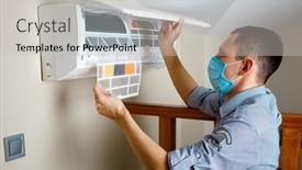  Presentation with conditioner - Amazing presentation design having male-technician-cleaning-air-conditioner backdrop and a light gray colored foreground