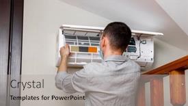  Presentation with conditioner - Beautiful presentation design featuring male-technician-cleaning-air-conditioner backdrop and a light gray colored foreground