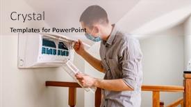  Presentation with conditioner - Colorful PPT theme enhanced with male-technician-cleaning-air-conditioner backdrop and a soft green colored foreground