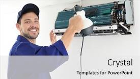  Presentation with conditioner - Audience pleasing slide deck consisting of male technician cleaning air conditioner backdrop and a white colored foreground