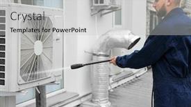  Presentation with conditioner - Audience pleasing slide deck consisting of male technician cleaning air conditioner outdoors backdrop and a light gray colored foreground