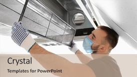  Presentation with conditioner - Cool new presentation with male technician cleaning industrial air backdrop and a soft green colored foreground