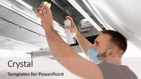  Presentation with conditioner - Amazing PPT theme having male technician cleaning industrial air backdrop and a soft green colored foreground