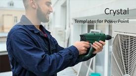  Presentation with conditioner - Slide deck with male technician fixing air conditioner background and a light gray colored foreground