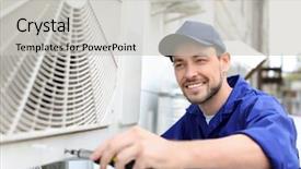  Presentation with service technician - Slides enhanced with male technician repairing air conditioner background and a light gray colored foreground