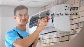  Presentation with conditioner - PPT theme consisting of male technician repairing conditioner indoors background and a light gray colored foreground