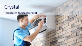  Presentation with conditioner - Slides with male technician repairing conditioner indoors background and a sky blue colored foreground