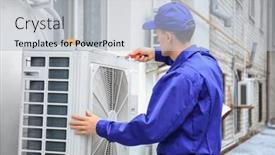  Presentation with conditioner - Slide set enhanced with male-technician-repairing-conditioner-outdoors background and a light gray colored foreground