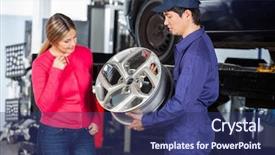  Presentation with metallic - Cool new presentation with male technician showing metallic hubcap backdrop and a ocean colored foreground