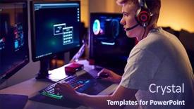  Presentation with computer hacker - Theme consisting of male-teenage-hacker-sitting background and a navy blue colored foreground