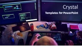  Presentation with computer security - Colorful slide deck enhanced with male-teenage-hacker-sitting backdrop and a navy blue colored foreground