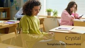  Presentation with hands holding black tablet - Presentation theme enhanced with male-teenage-student-holding-tablet background and a  colored foreground