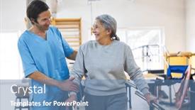  Presentation with children and the elderly therapy - Presentation theme enhanced with male-therapist-assisting-elderly-woman background and a teal colored foreground