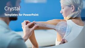  Presentation with measuring - Audience pleasing presentation theme consisting of male-therapist-measuring-female-patient backdrop and a teal colored foreground