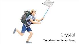  Presentation with full length portrait two men women brown sweater - PPT theme consisting of male tourist running with butterfly background and a white colored foreground