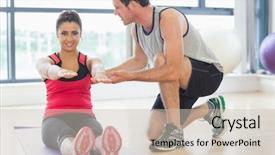  Presentation with trainer - Cool new slides with male trainer assisting young woman backdrop and a  colored foreground