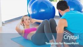  Presentation with trainer - Amazing PPT theme having male trainer helping woman with her exercises at a bright gym backdrop and a ocean colored foreground