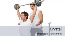  Presentation with helping man - Slides consisting of male trainer helping young fit man to lift the barbell bench press over white background background and a light gray colored foreground