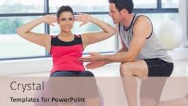  Presentation with abdominal - Colorful PPT layouts enhanced with male trainer helping young woman do abdominal crunches on fitness ball at a bright gym backdrop and a soft green colored foreground