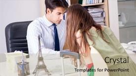  Presentation with travel agency pictures - Presentation theme enhanced with male travel agent with customer background and a mint green colored foreground