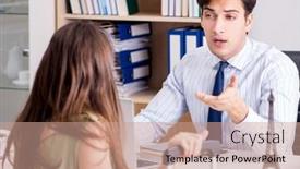  Presentation with travel - PPT theme with male-travel-agent-with-customer background and a coral colored foreground