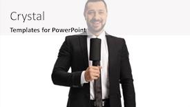  Presentation with presenter skills - Amazing slide deck having male-tv-presenter-holding backdrop and a white colored foreground